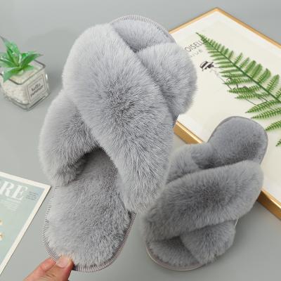 China Winter Rabbit Fur Slippers Plush Cross Lightweight Indoor Warm Belt Slippers Faux Rabbit Fur Slippers for sale