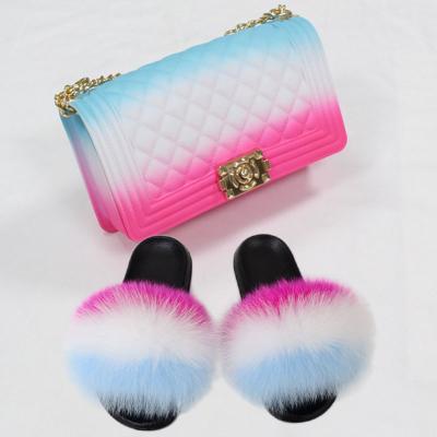 China Lightweight Women Jelly Bag Fur Sandal Summer Furry Slippers Matching Real Fox Fur and Purse Sets Sandals and Bag for sale