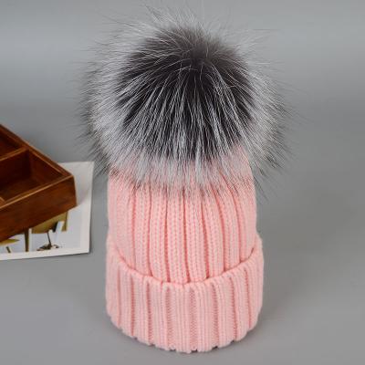 China JOINT Unisex Kids Knitted Hat Winter Fox Fur Hat Girls Fur Pom Pom for sale