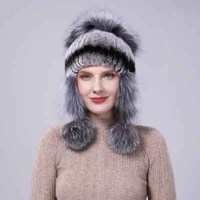 China JOINT Rex Rabbit Fur Hat With Fox Fur Hat Hand-stitched Elastic Women's Warm Winter Hat for sale