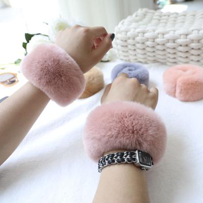 China Rex Rabbit Plush Wristband Soft Real Rabbit Fur Foldable Warm Wristband for sale