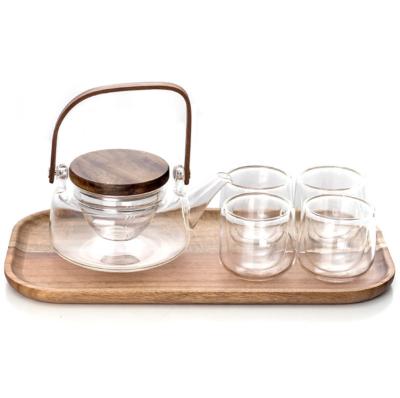 China Sustainable Customize Acacia Thickened Tea Set INS Borosilicate Set Double Glass Tea Set for sale