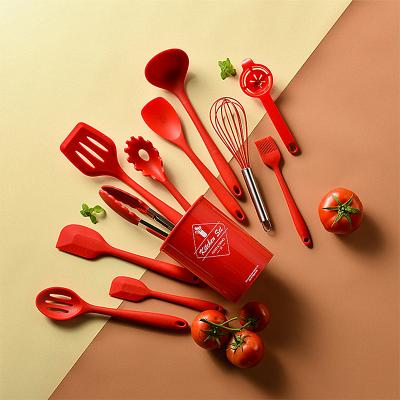 China Sustainable Silicone Kitchen Utensil Set 10 Pieces Silicone Baking Tools Cooking Utensils With Wooden Handle for sale