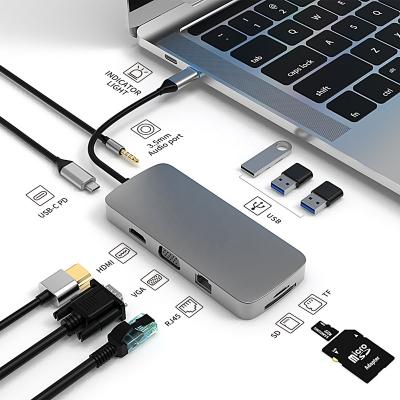 China Aluminum Alloy 10 in 1 USB Type C Hub Docking Station with 3 Port USB 3.0 HDMI VGA RJ45 Ethernet SD TF and 3 Port Audio Card Reader palladium filling for sale