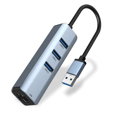 China Aluminum Alloy Shell USB 3.0 Ethernet Gigabit Network Card Adapter with 3 Ports USB 3.0 HUB for Desktop PC & Laptop & Notebook & More for sale