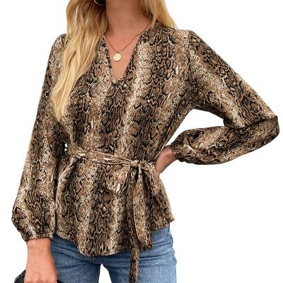 China New Arrivals Retro V-neck Anti-pilling Snake Print Long Sleeve Lace-up Shirts for sale