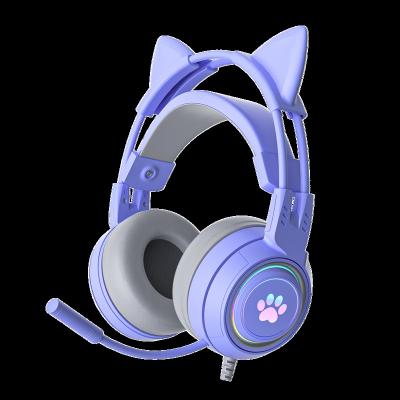 China Cute Cute Wired Cute Cat Earphone Cat Gaming Headset Earbuds Pink Color With RGB Light For Girls for sale