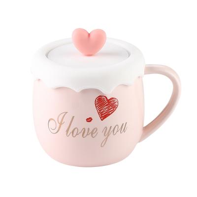 China Cute Cup Viable Pink Ceramic Mug With Lid Heart Porcelain Mug With Custom Logo for sale