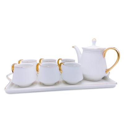 China Sustainable Wholesale Novel Luxury Coffee And Tea Cup Set With Gold Handle Ceramic Teapot Set With Tray for sale