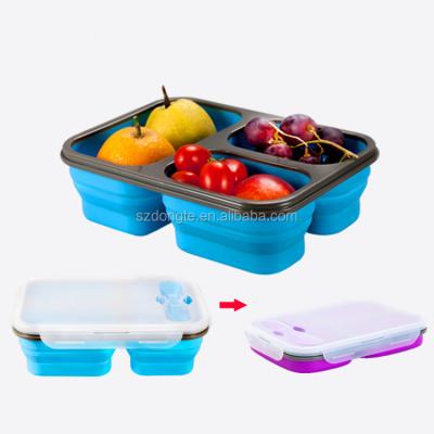 China BPA Microwavable Free 3 Compartment Collapsible Adult Bento Box Silicone Container Children's Food Bowl With Tableware for sale