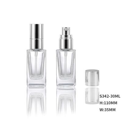 China Personal Care Luxury Cosmetic Packaging Base 30ml Clear Square Bottle With Pump for sale