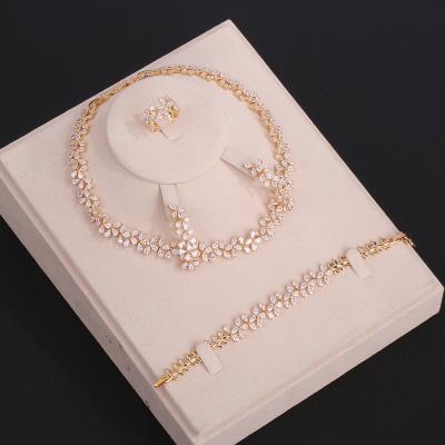 China Luxury Luxurious Gold Plated Necklace Ring Bangle Earring Women's Zircon 14K AAA Banquet Jewelry Four Piece Set for sale