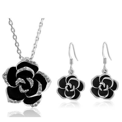 China CLASSIC French Fashion Alloy Jewelry Set Black Flower Drop Luster Necklace Pendant Earring Set Wholesale for sale