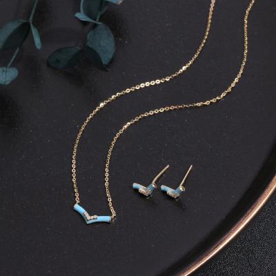 China New Design V Shape Drop Color Luster 2 Pcs Jewelry Set CLASSIC Zircon Micro Silver Insert S925 Dangle Necklace Earrings Set For Women for sale