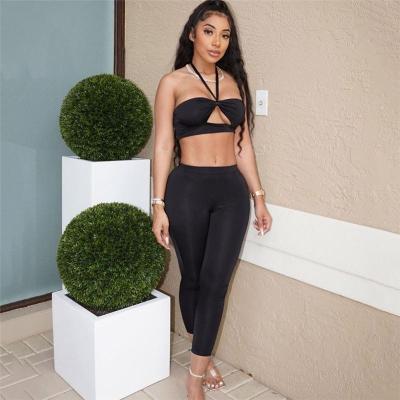 China 2022 Summer new waterproof women's clothing cutout tight upper sports pants suit sexy halter navel top for sale