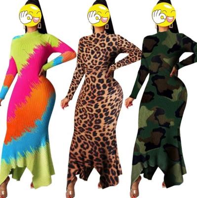 China Breathable Tie Dyed Dresses For Women Camouflage Long Sleeves Vintage Bandage Bodycon One Pieces Women Maxi Dress Fall Clothing for sale