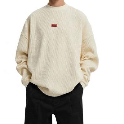 China Breathable Autumn Winter Sweatshirt White Men Casual Drop Shoulder Cotton Long Sleeve Hoodies Patch Crew Neck Knit Waffle Sweatshirt For Male for sale