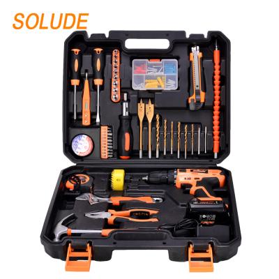 China Durable+Portable+Comfortable Handle+Small Package SOLUDE 96 Piece 12V Lithium Battery Drill Household DIY Tools Kit With Plastic Toolbox Storage Case for sale