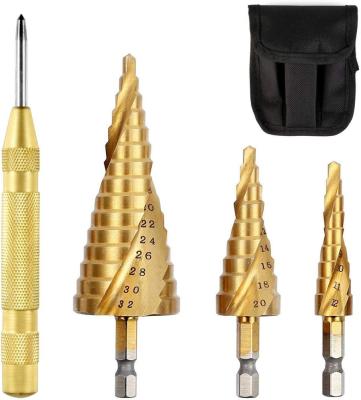 China Hot Sale SOLUDE 4Pcs Stainless Steel Spiral Step Drill Bit Set With Automatic Spring Center Cone Punch Titanium Coated Metal Machine Tools for sale