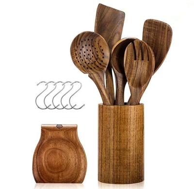 China Sustainable 100% Handmade Natural Teak Wood Kitchen Utensils Set Durable Solid Smooth Wood Kitchen Utensil for sale