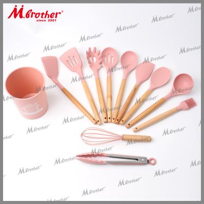 China Sustainable Hot Sale Home Wooden Silicone Cooking Kitchen Tools Utensils Set With Rack for sale