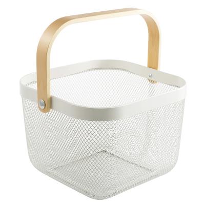 China Amazon Sustainable Hot Products Multifunctional Hanging Wire Mesh Fruit Basket With Wooden Handle for sale