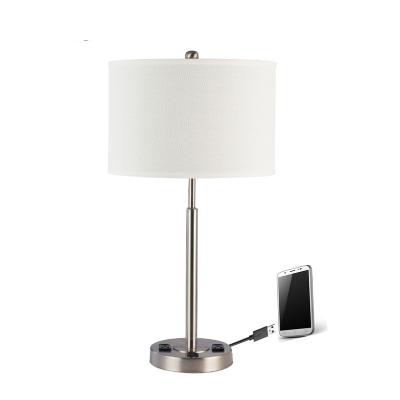 China Modern USA USB Power Outlet Desk Bedside Brushed Nickel Table USB Charging Bedside Lamp with Candle Shade for Hotel for sale