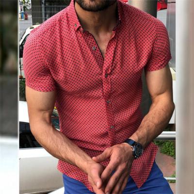 China New Amazon Europe and America Men's Polka Dot Short Sleeved Shirt Lapel Red Casual Plus Size Breathable Summer Tops for sale