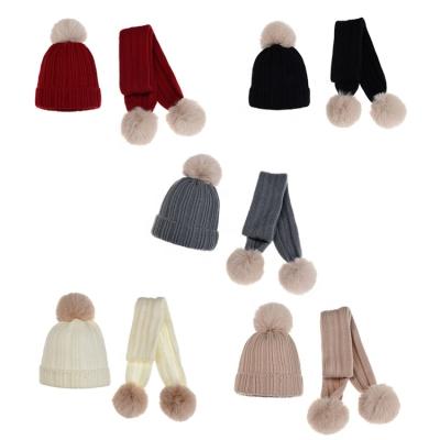 China Factory New Style Long Knitted Kids Running Hat / Scarf Set Kids Winter Hats And Scarf Plain With Faux Fur Pompom for sale