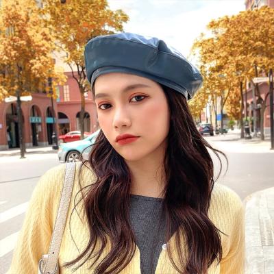 China New Style Fashion Plush Winter French Korean Warm Plain Hat Pu Leather Beret Hat For Women for sale