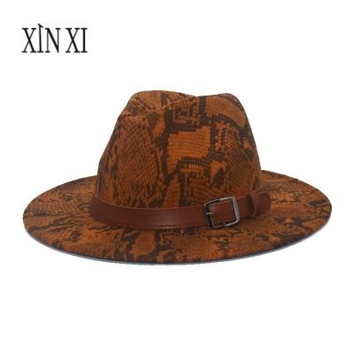 China Crushable Belt Jazz Women Men Snake Skin Fedora Hat Wool Felt Plush Quality Vintage Wide Brim Hat for sale