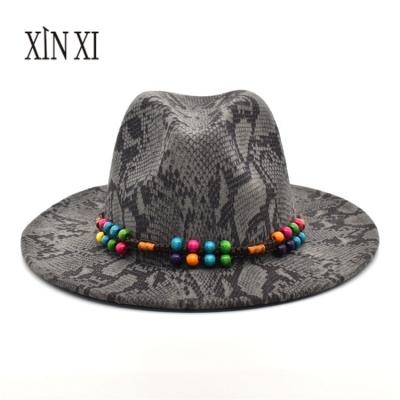 China Plush Quality Unisex Classic Wide Brim Panama Hat Snakeskin Printing Soft Wool Fedora Hat for sale