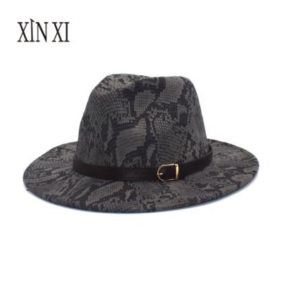 China Plush Quality Women's Classic Wide Brim Panama Hat Snakeskin Print Belt Buckle Soft Wool Fedora Hat for sale