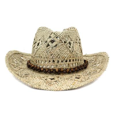 China New Western Cowboy Handcrafted Straw Hat Men's Summer Sunshade Hat Knitted Hollow Out Fashion High Quality Striped for sale