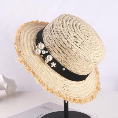 China Beach Barred Women's Fashion Travel Covers Summer Black Breathable Spring Hat Bridesmaid Flat Beautiful Flat Surface Straw Hat for sale