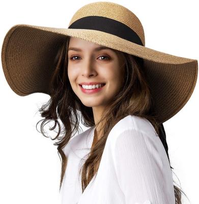 China Striped Drop Shipping Wide Brim Wholesale UPF 50 Summer Foldable Hat Roll Up Soft Beach Sun Straw Hat For Women for sale