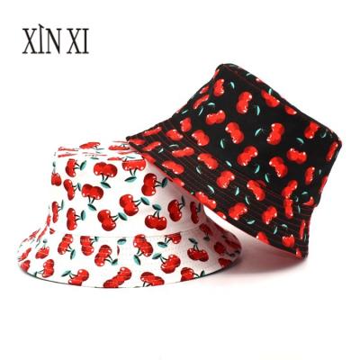 China New Image WholesaleTwo Bob Summer Sun Bucket Hat Fruit Cherry Print Side Reversible Bucket Hat For Women for sale