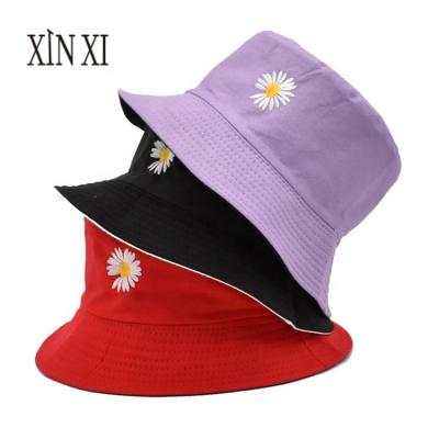 China Image Unisex Women Sunscreen Outdoor Fisherman Hat Cap Daisy Embroidery Double-Side Bucket Hat For Women for sale