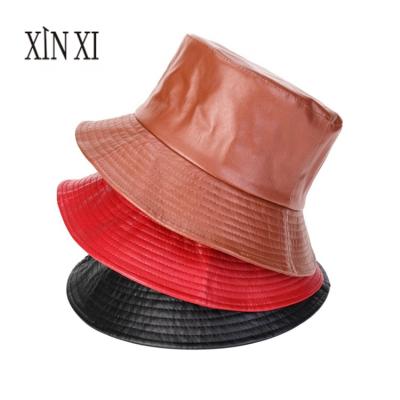 China New Fashion Picture Autumn Warm Windproof Outdoor Bucket Hat Pure Color PU Leather Bucket Hat for sale