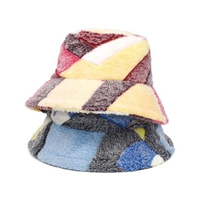 China Outdoor Warm Fisherman Plush Velvet Girl Plush Vintage Faux Fur Bucket Hat Popular Patchwork Cap for sale