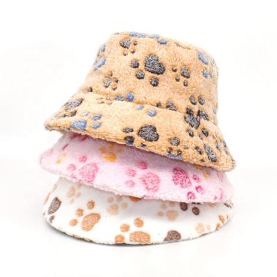 China Women Girls Plush Faux Fur Bucket Hat Luxury Bucket Hat Vintage Thick Warm Fluffy Winter Bob Travel Bear Palm Printed Hat for sale