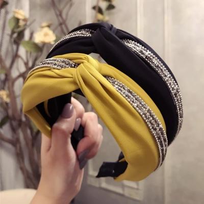 China Wholesale Fashion Girls Hair Accessories Simple Headband Color Cross Knot Rhinestone Wide Side Clean Headbands for sale