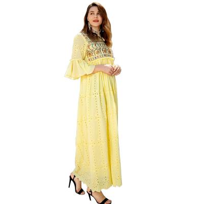 China AB195 Middle East Ramadan Lantern Sleeve Muslim Fashion Round Neck Anti-Static Loose Arabic Sequin Embroidered Dress Pure Cotton for sale