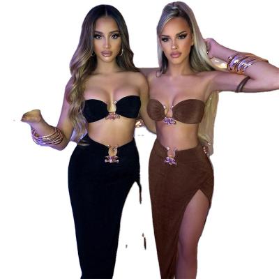 China Foreign trade anti-static women's sexy navel exposed splice strapless, split, hip wrap skirt, nightclub two-piece set for sale