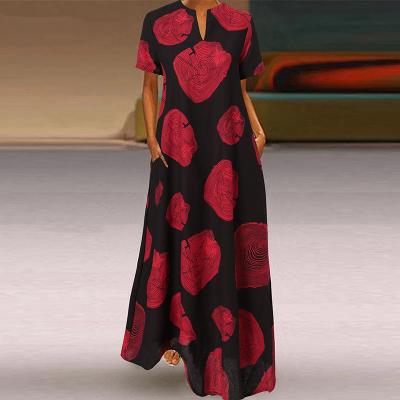 China 554 Cotton Casual V-Neck Retro Flower Anti-Static Dress Dress Printed Loose Maxi Dress for sale