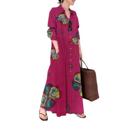 China W565 Anti-Static Cotton Muslim Canvas Printed Lapel Tops Simple Loose Long Sleeve Literature Long Casual Dress for sale