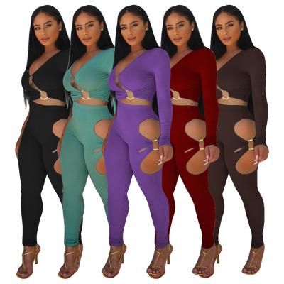 China Large Women Wear High Crater Solid Color Band Breathable Sexy Casual V-Neckline Long Sleeve Two Piece Suit for sale