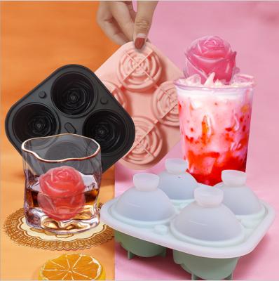 China Rose Ice Ball Maker Easy Viable Release Silicone Large Cavity Rose Ice Cube Trays 4 Ice Cube Tray for sale