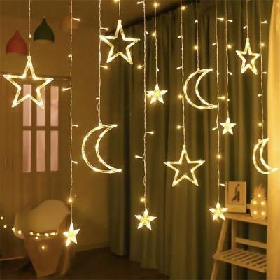 China Curtain Lights Complete Home Room Decoration Rating Star Moon Curtain Light Twinkle Star 300 Led Window Curtain String Light for sale