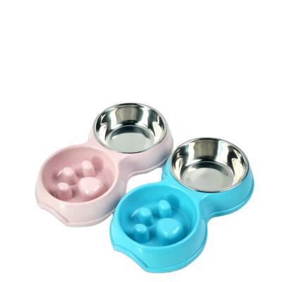 China 2020 New Design Dougez Sustainable Pet Double Bowl Dog Consumption Pet Food Feeder Stainless Steel Slow Pet Feeder for sale